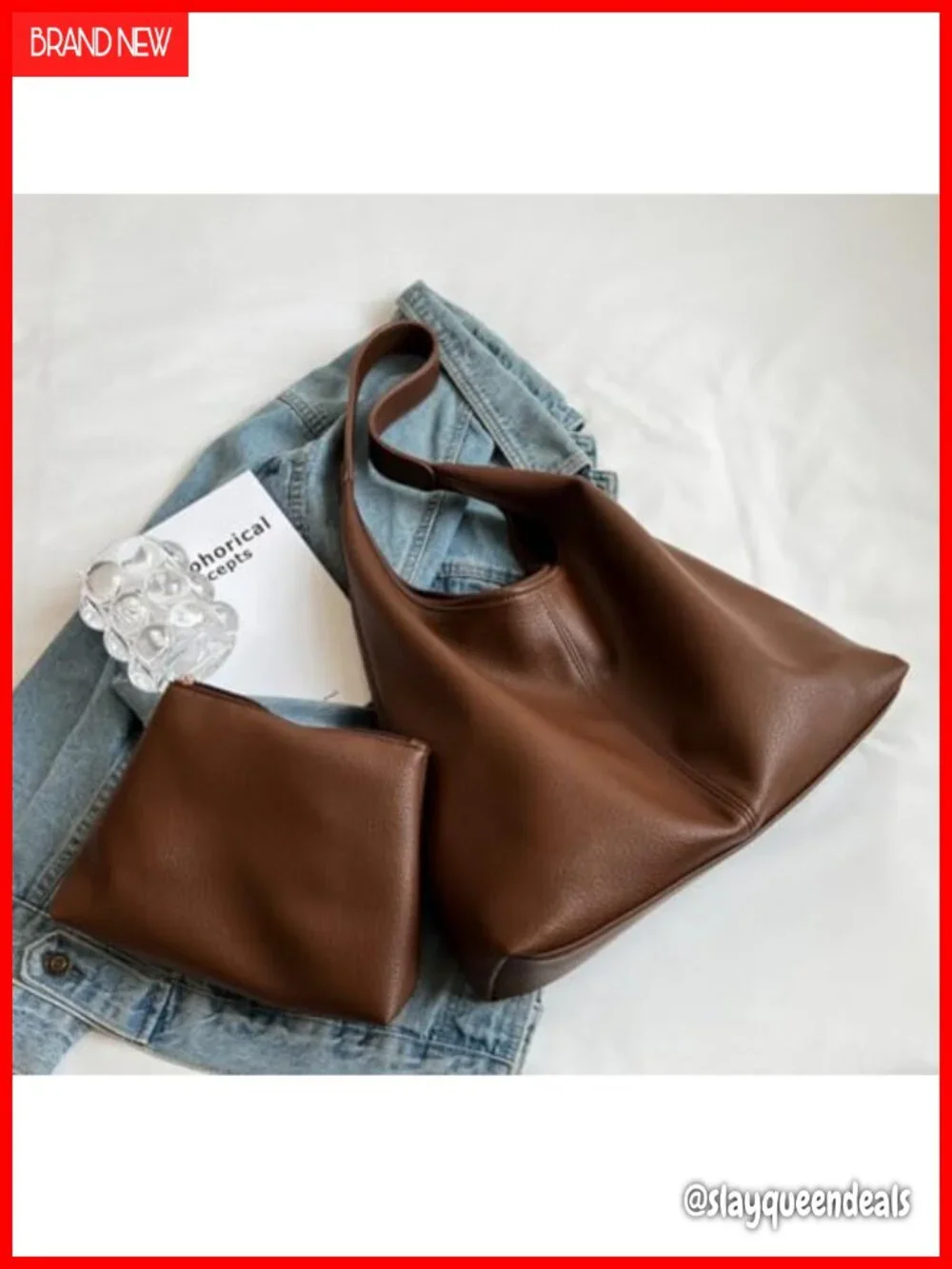 PU Leather Slouchy Hobo Bag Women Retro Crossbody Tote Shoulder Purse 2pcs
